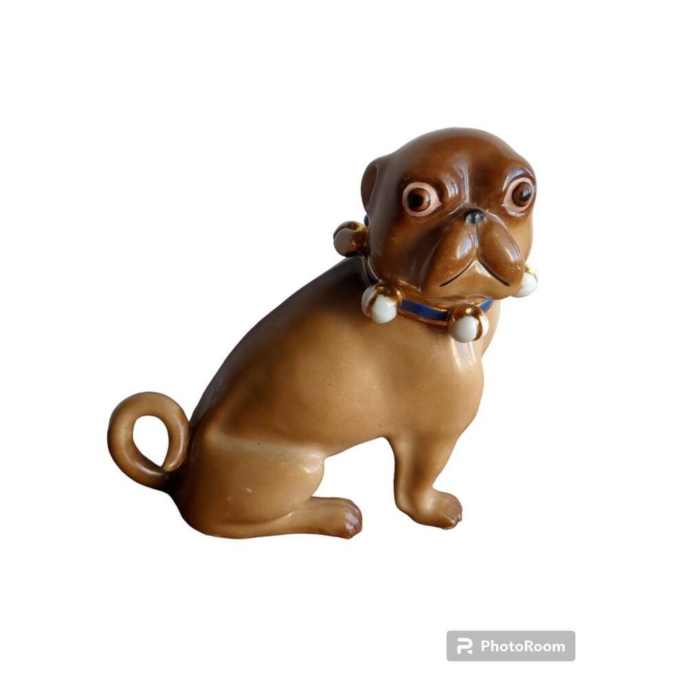 Antique Porcelain? Ceramic?  German Pug  5" X 5"  Blue Collar With Bells. 1800's